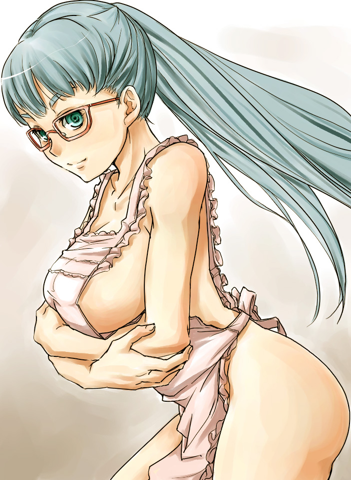 mishima hiroji, apron, glasses, green eyes, green hair, long hair, naked apron, ponytail, solo