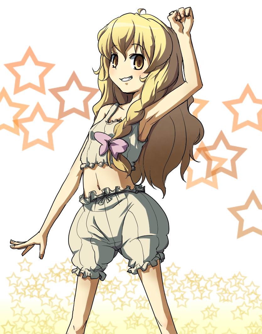 mishima hiroji, kirisame marisa, touhou, 1girl, bloomers, braid, female focus, solo, star (symbol), underwear, white background, white bloomers