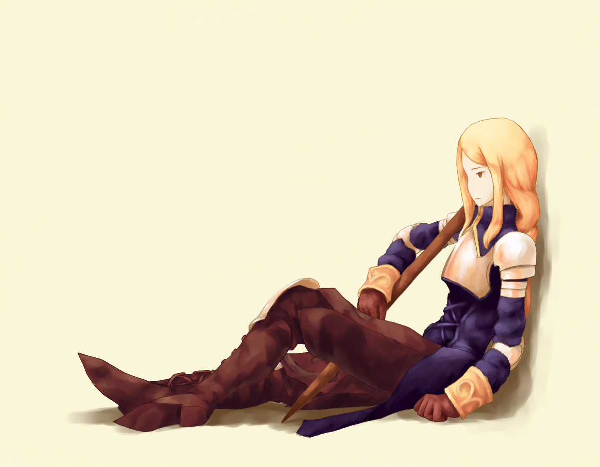 kurumaebi, agrias oaks, final fantasy, final fantasy tactics, 1girl, against wall, armor, blonde hair, boots, breastplate, brown boots, brown eyes, brown gloves, brown pants, closed mouth, empty eyes, expressionless, female focus, from side, full body, gloves, jitome, knee boots, knee pads, long hair, long sleeves, pants, shoulder pads, sidelocks, simple background, sitting, solo, swept bangs, sword, weapon, wooden sword, yellow background