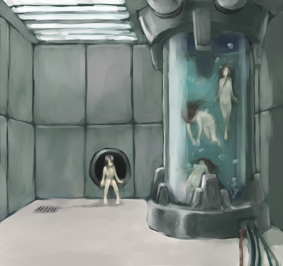 kurumaebi, original, 4girls, cable, clone, completely nude, female focus, long hair, multiple girls, nude, stasis tank