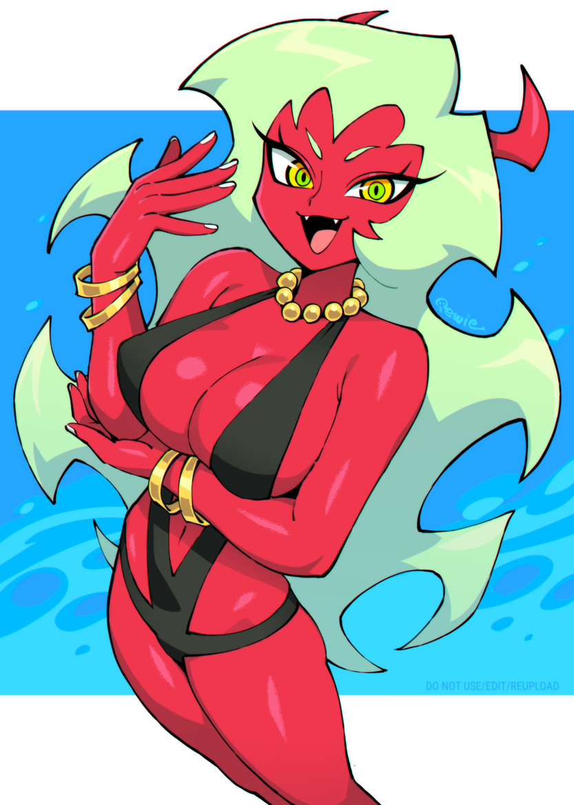 333 (dqqqdle), scanty (psg), panty & stocking with garterbelt, 1girl, breasts, colored skin, demon girl, demon horns, green eyes, green hair, horns, large breasts, long hair, looking at viewer, red skin, yellow eyes