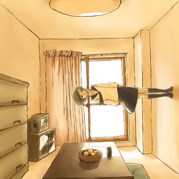 kurumaebi, original, 1girl, female focus, food, fruit, living room, orange (fruit), orange theme, room, school uniform, serafuku, solo, television, what, window
