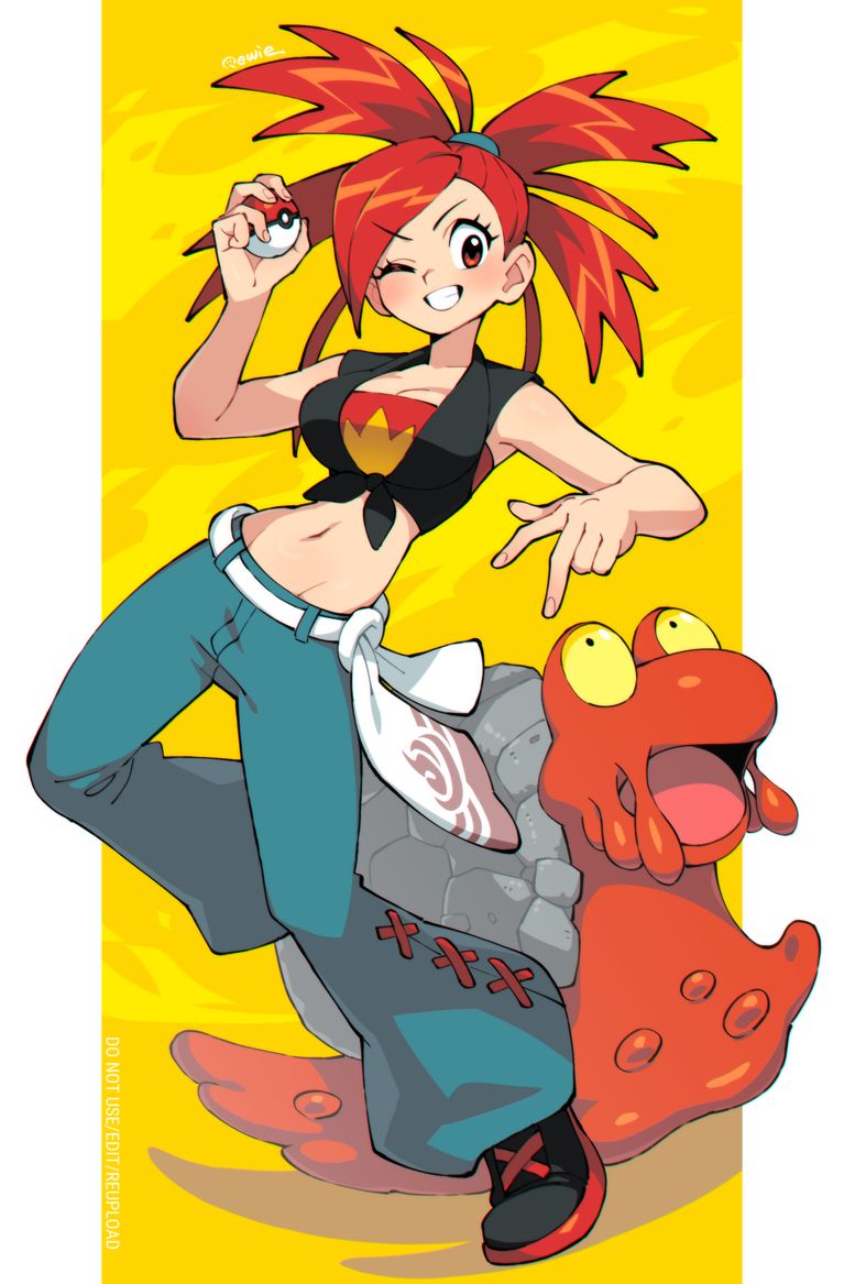 333 (dqqqdle), flannery (pokemon), magcargo, nintendo, pokemon, pokemon oras, 1girl, bell-bottoms, belt, black shirt, black shoes, blue pants, blush, breasts, crop top, denim, gen 2 pokemon, grin, holding, holding poke ball, jeans, large breasts, looking at viewer, midriff, navel, one eye closed, outside border, pants, pillarboxed, poke ball, poke ball (basic), pokemon (creature), ponytail, red eyes, red hair, shirt, shoes, sleeveless, sleeveless shirt, smile, sneakers, solo, tied shirt, twitter username, v-shaped eyebrows, white belt, wide ponytail