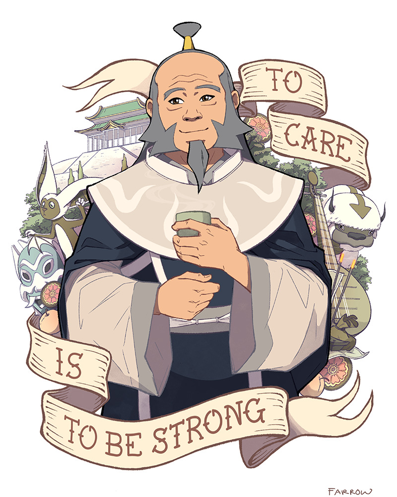 rfarrowster, appa, iroh, momo (avatar), avatar legends, commentary, english commentary, 1boy, architecture, artist name, balding, beard, cup, east asian architecture, english text, facial hair, grey hair, holding, holding cup, instrument, long hair, looking at viewer, male focus, mask, old, old man, pouch, robe, smile, unworn mask, white background, wide sleeves