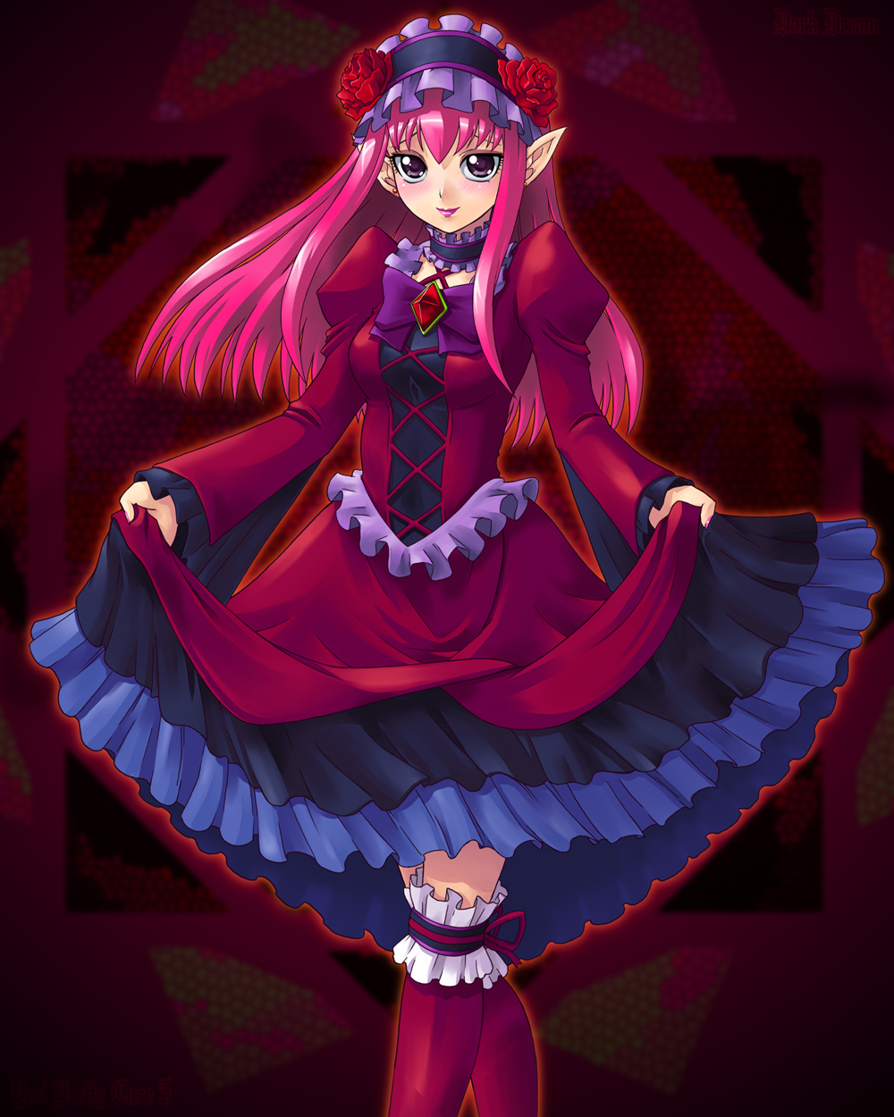 yaso shigeru, dark dream, precure, yes! precure 5, highres, 00s, 1girl, alternate costume, bow, crossed legs, curtsey, dark cure (yes! precure 5), detached collar, dress, eyelashes, female focus, flower, frills, gothic lolita, hair flower, hair ornament, hairband, kneehighs, lolita fashion, long hair, pink hair, pink theme, pointy ears, puffy sleeves, purple background, purple eyes, red dress, red flower, red rose, red socks, ribbon, rose, skirt hold, smile, socks, solo, standing, watson cross