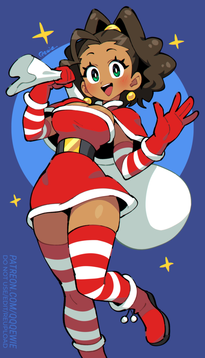 333 (dqqqdle), original, 1girl, boots, breasts, bright pupils, brown hair, cleavage, dark-skinned female, dark skin, earrings, elbow gloves, gloves, green eyes, holding, holding sack, jewelry, large breasts, looking at viewer, multicolored thighhighs, red boots, red gloves, red thighhighs, sack, santa costume, solo, striped clothes, striped thighhighs, thighhighs, white pupils, white thighhighs