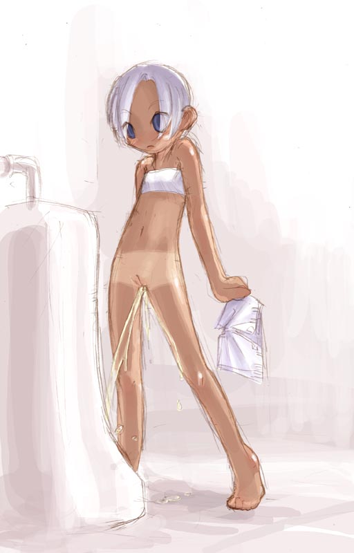 gouchin (nyou-tou), 1girl, barefoot, bottomless, cleft of venus, dark-skinned female, dark skin, feet, female focus, grey hair, loli, no panties, pee, peeing, pussy, sketch, solo, standing, tan, tanline, toes, uncensored, urinal, urinal use