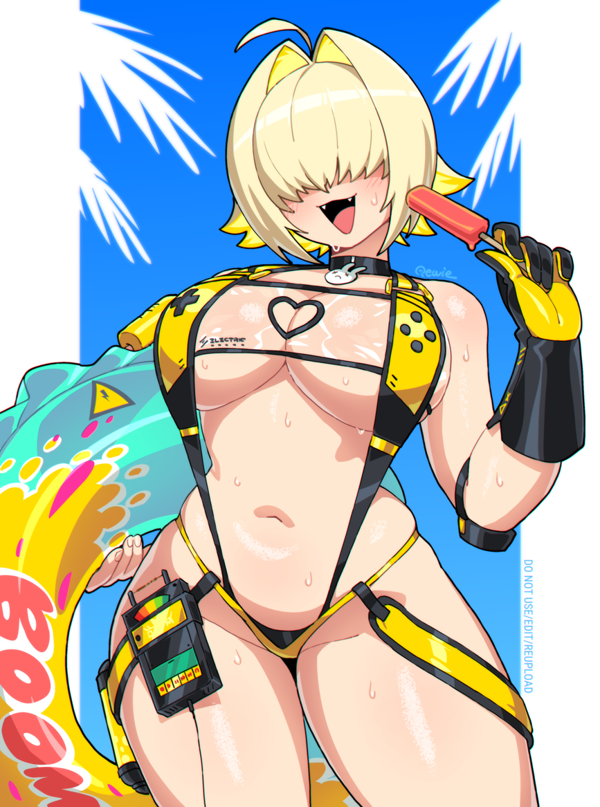333 (dqqqdle), elegg (boom and shock) (nikke), elegg (nikke), goddess of victory: nikke, 1girl, ahoge, bikini, blonde hair, breasts, cleavage, fangs, gloves, hair intakes, hair over eyes, innertube, large breasts, navel, open mouth, short hair, single glove, smile, solo, sweat, swim ring, swimsuit