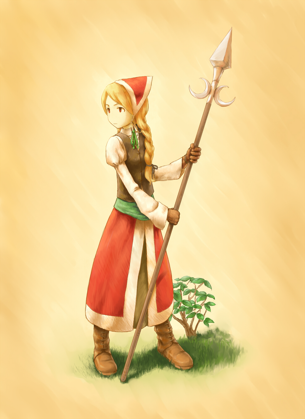 kurumaebi, cordelia (saga), cordelia (saga frontier 2), saga, saga frontier 2, highres, 1girl, bonnet, polearm, spear, weapon