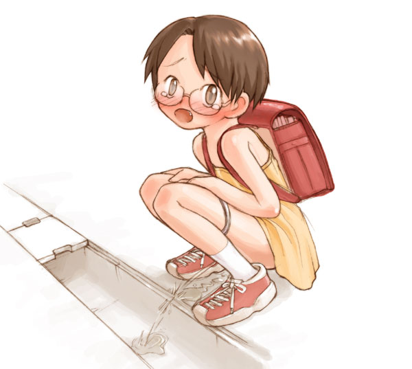 gouchin (nyou-tou), original, 1girl, backpack, bag, blush, brown hair, camisole, dress, embarrassed, fang, female focus, glasses, gutter, loli, looking at viewer, open mouth, orange dress, panties, panty pull, pee, peeing, puddle, randoseru, red shoes, school bag, shoes, short hair, sleeveless, sleeveless dress, sneakers, solo, squatting, tears, underwear, white background, white panties