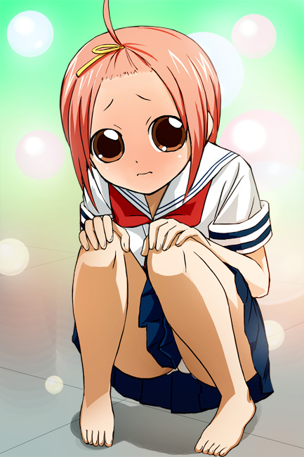 haruyama kazunori, kuzuryuu momoko, sumomomo momomo, 00s, 1girl, barefoot, blush, feet, female focus, forehead, high ponytail, panties, pantyshot, ponytail, school uniform, serafuku, solo, squatting, toes, underwear