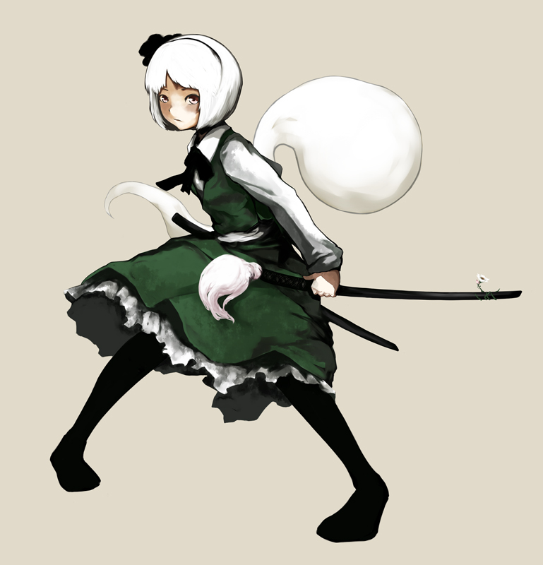 laboto, konpaku youmu, konpaku youmu (ghost), touhou, 1girl, black pantyhose, female focus, hetareya, hitodama, katana, pantyhose, sheath, sheathed, solo, sword, weapon