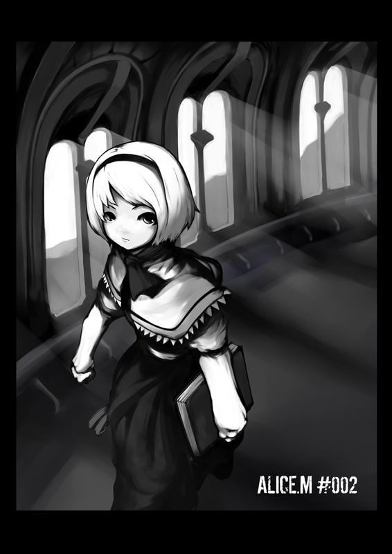 laboto, alice margatroid, touhou, 1girl, book, capelet, character name, female focus, greyscale, hairband, hetareya, long sleeves, looking at viewer, monochrome, puffy long sleeves, puffy sleeves, short hair, solo, sunlight, walking, window