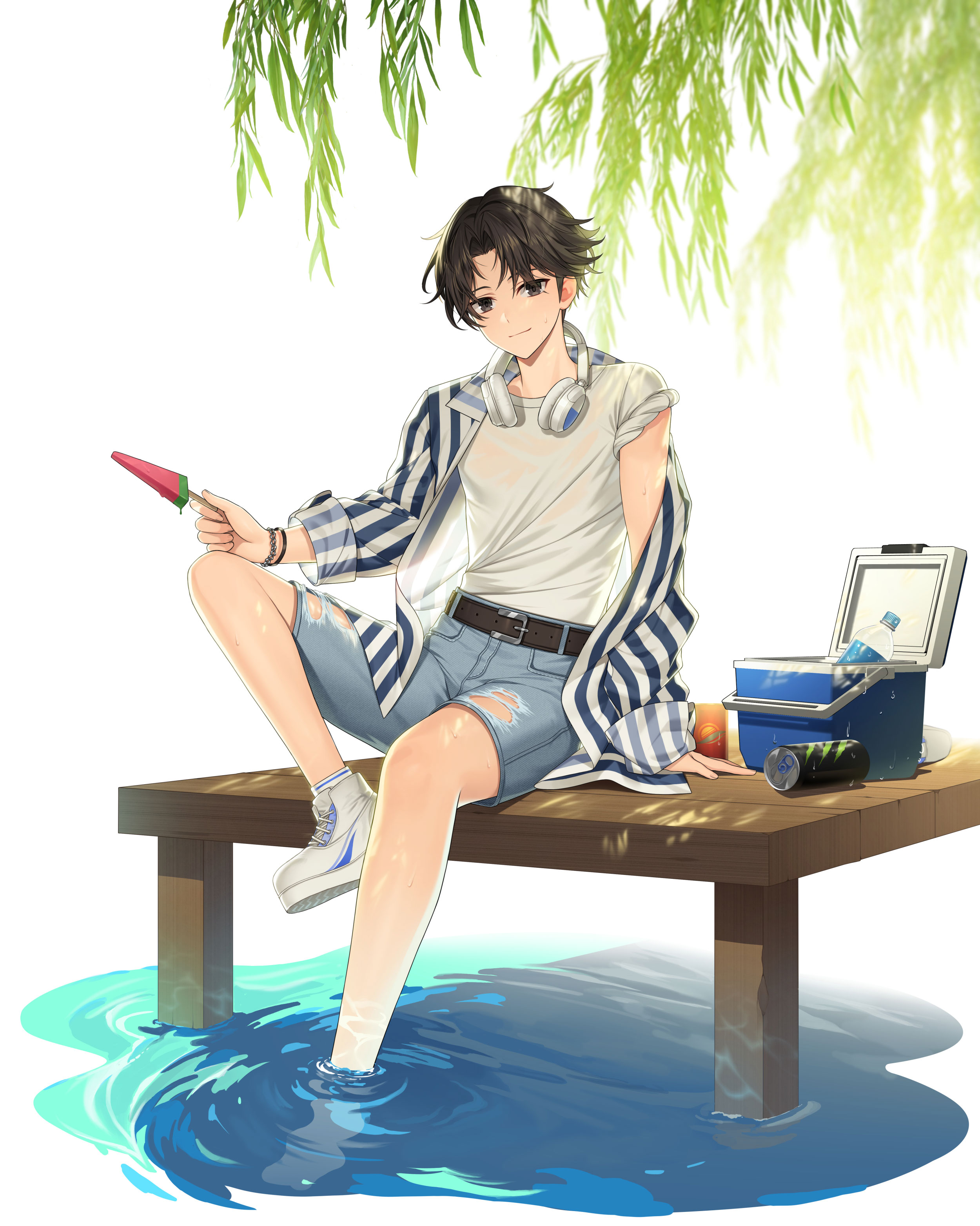 seha lee, closers, absurdres, highres, official art, 1boy, black eyes, black hair, cooler, denim, denim shorts, headphones, headphones around neck, jacket, knee up, looking at viewer, male focus, shirt, shoes, short hair, shorts, sitting, sneakers, solo, striped clothes, striped jacket, white shirt