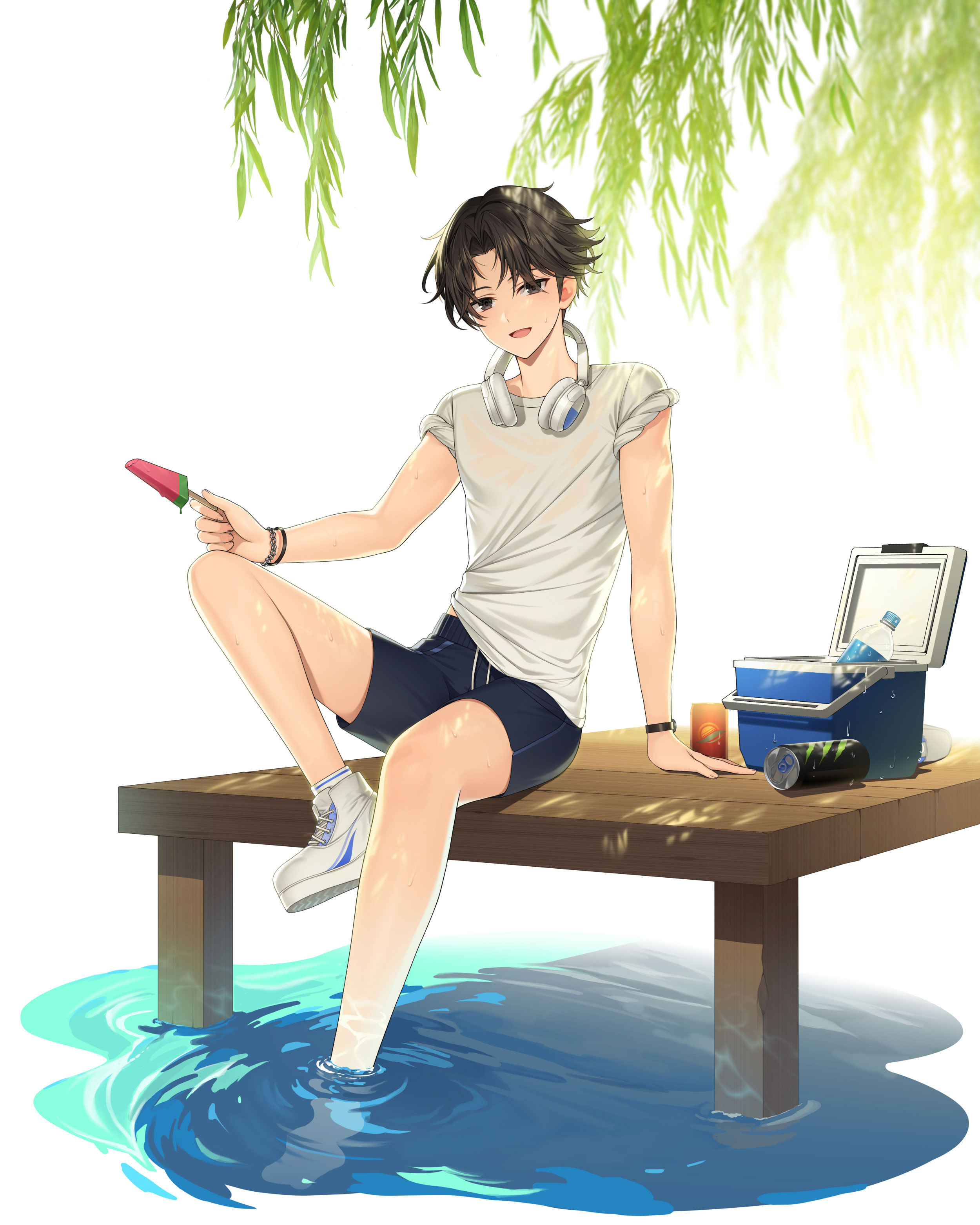seha lee, closers, absurdres, highres, official art, 1boy, black eyes, black hair, cooler, headphones, headphones around neck, knee up, looking at viewer, male focus, male swimwear, shirt, shoes, short hair, sitting, sneakers, solo, swim trunks, white shirt