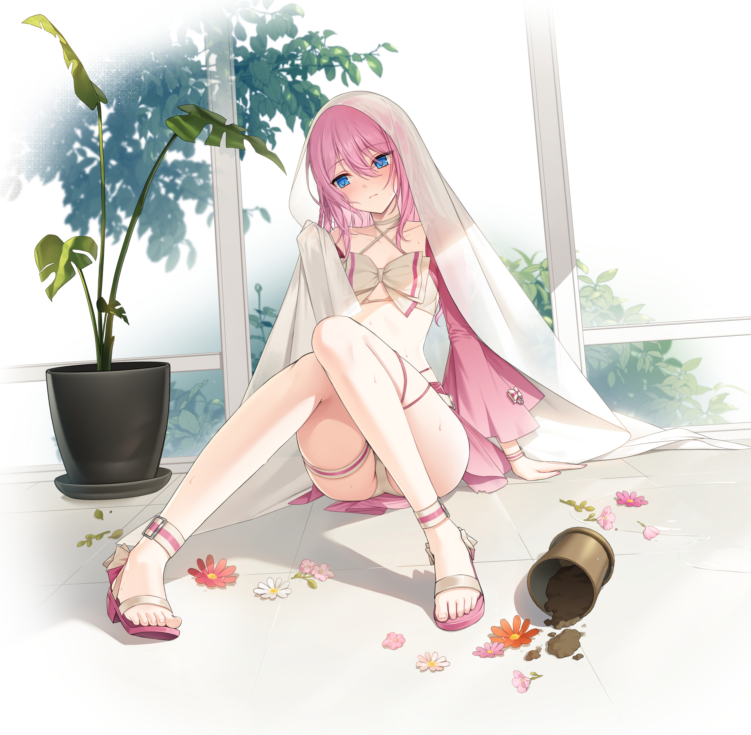 seulbi lee, closers, absurdres, highres, official art, 1girl, ass, bare legs, bikini, blue eyes, bow, choker, closed mouth, criss-cross halter, halterneck, knees up, long hair, long sleeves, looking to the side, miniskirt, pink hair, pink shrug, pink skirt, plant, potted plant, sandals, sitting, skirt, solo, string bikini, swimsuit, thigh strap, thighs, veil, wet, white bikini, white bow, white choker, white veil