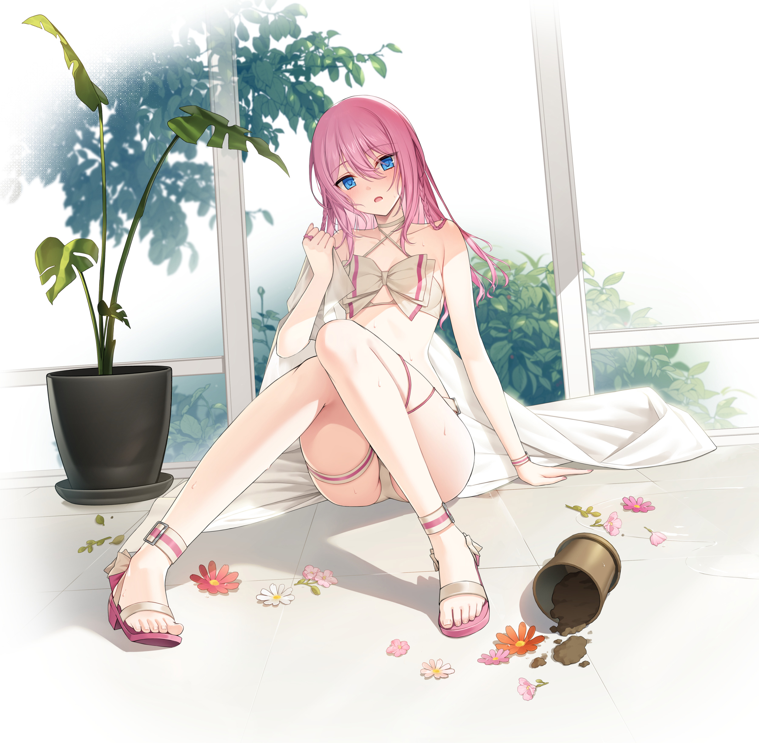 seulbi lee, closers, absurdres, highres, official art, 1girl, ass, bare arms, bare legs, bare shoulders, bikini, blue eyes, bow, braid, choker, criss-cross halter, halterneck, knees up, long hair, looking at viewer, open mouth, pink hair, plant, potted plant, sandals, sitting, solo, string bikini, swimsuit, thigh strap, thighs, wet, white bikini, white bow, white choker