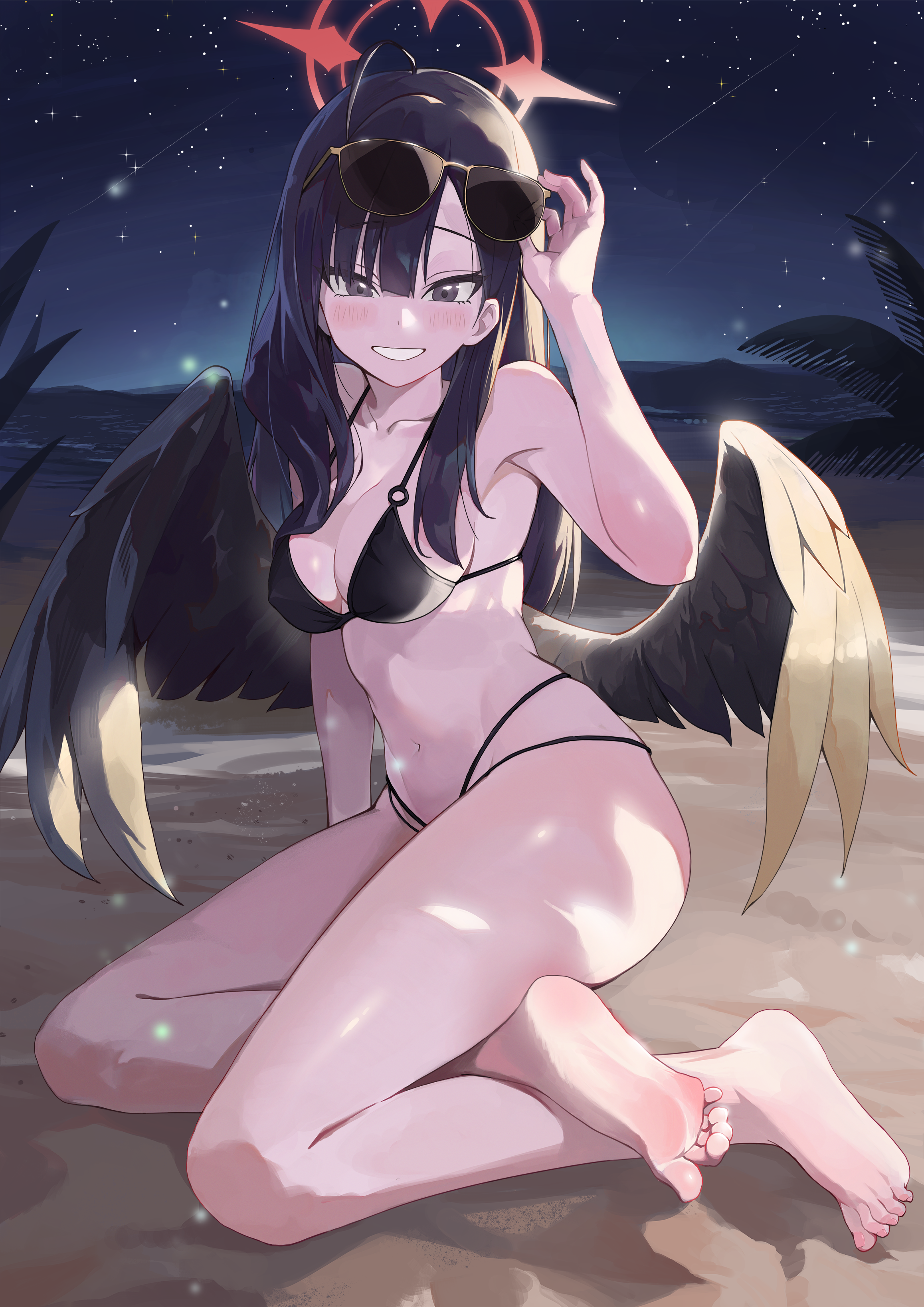 feng zhe (user jnxf3524), ichika (blue archive), blue archive, absurdres, highres, 1girl, bare arms, barefoot, beach, black hair, black wings, breasts, feet, from side, full body, grey eyes, grin, halo, long hair, looking at viewer, looking to the side, medium breasts, night, red halo, sitting, sky, smile, solo, star (sky), starry sky, sunglasses, swimsuit, wings