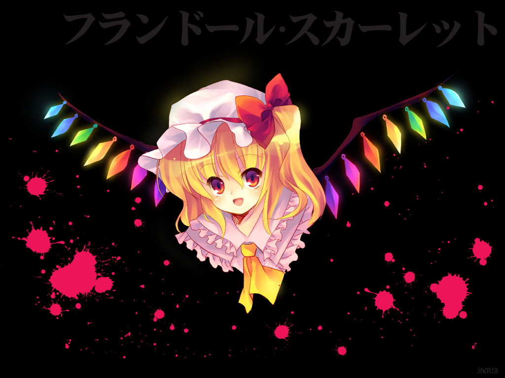 flandre scarlet, touhou, 1girl, black background, character name, female focus, hat, mob cap, ribbon, solo, white hat, wings