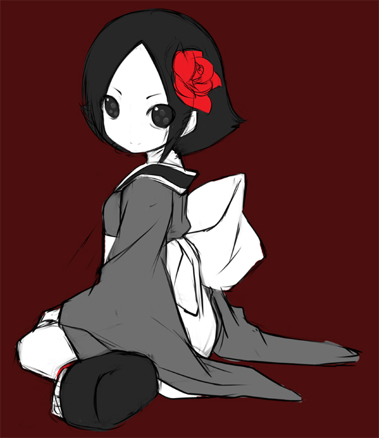 shiratama dango, kikuri, jigoku shoujo, 00s, 1girl, female focus, full body, looking at viewer, monochrome, red background, simple background, sitting, sketch, solo, spot color, wariza