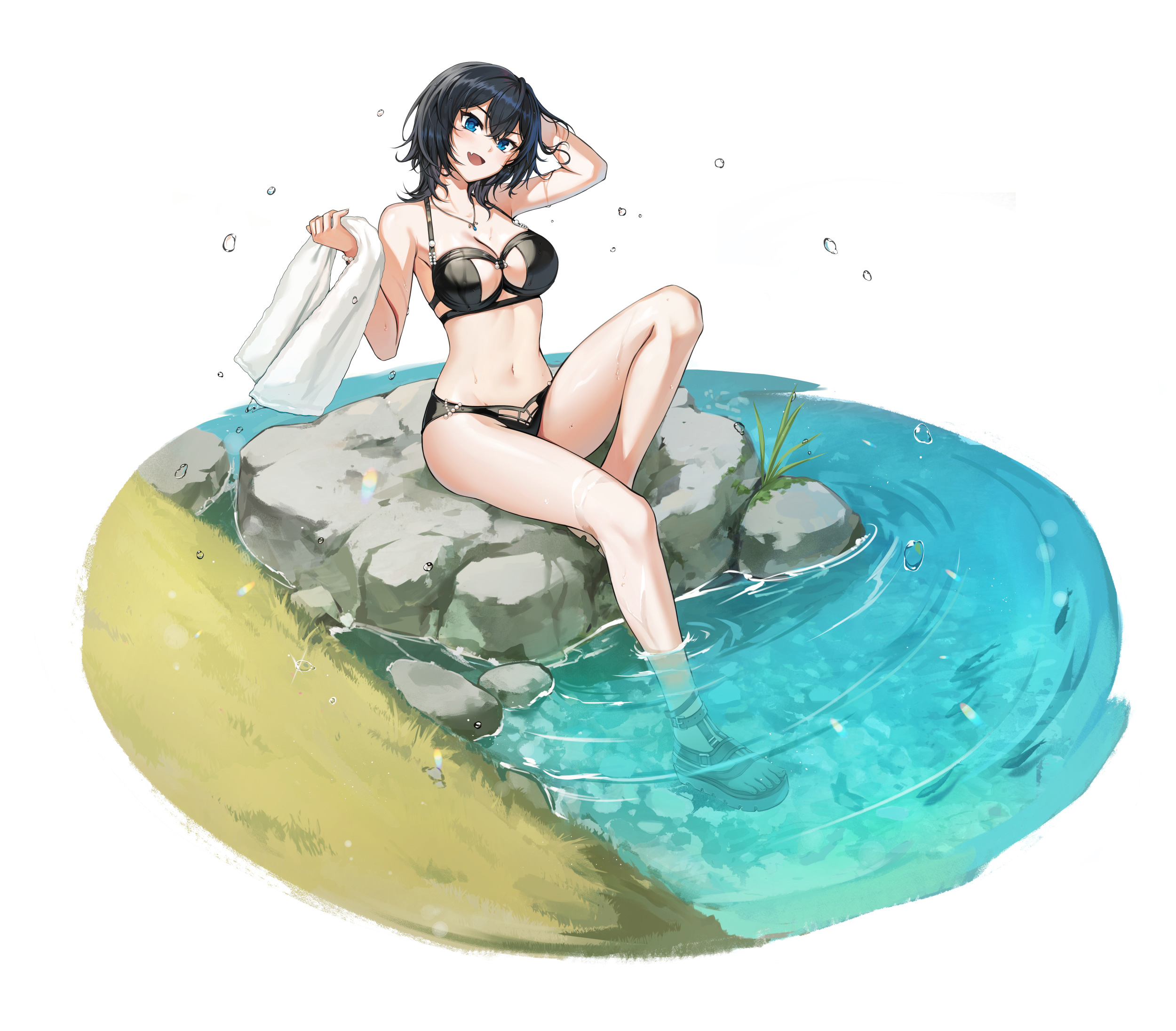 yuri seo, closers, highres, official art, 1girl, arm up, bare arms, bare legs, bare shoulders, bikini, black bikini, black hair, blue eyes, breasts, cleavage, fang, halterneck, hand up, holding, holding towel, jewelry, knee up, large breasts, long hair, looking at viewer, navel, necklace, open mouth, rock, sandals, sitting, smile, soaking feet, solo, stomach, string bikini, swimsuit, thighs, towel, water, wet