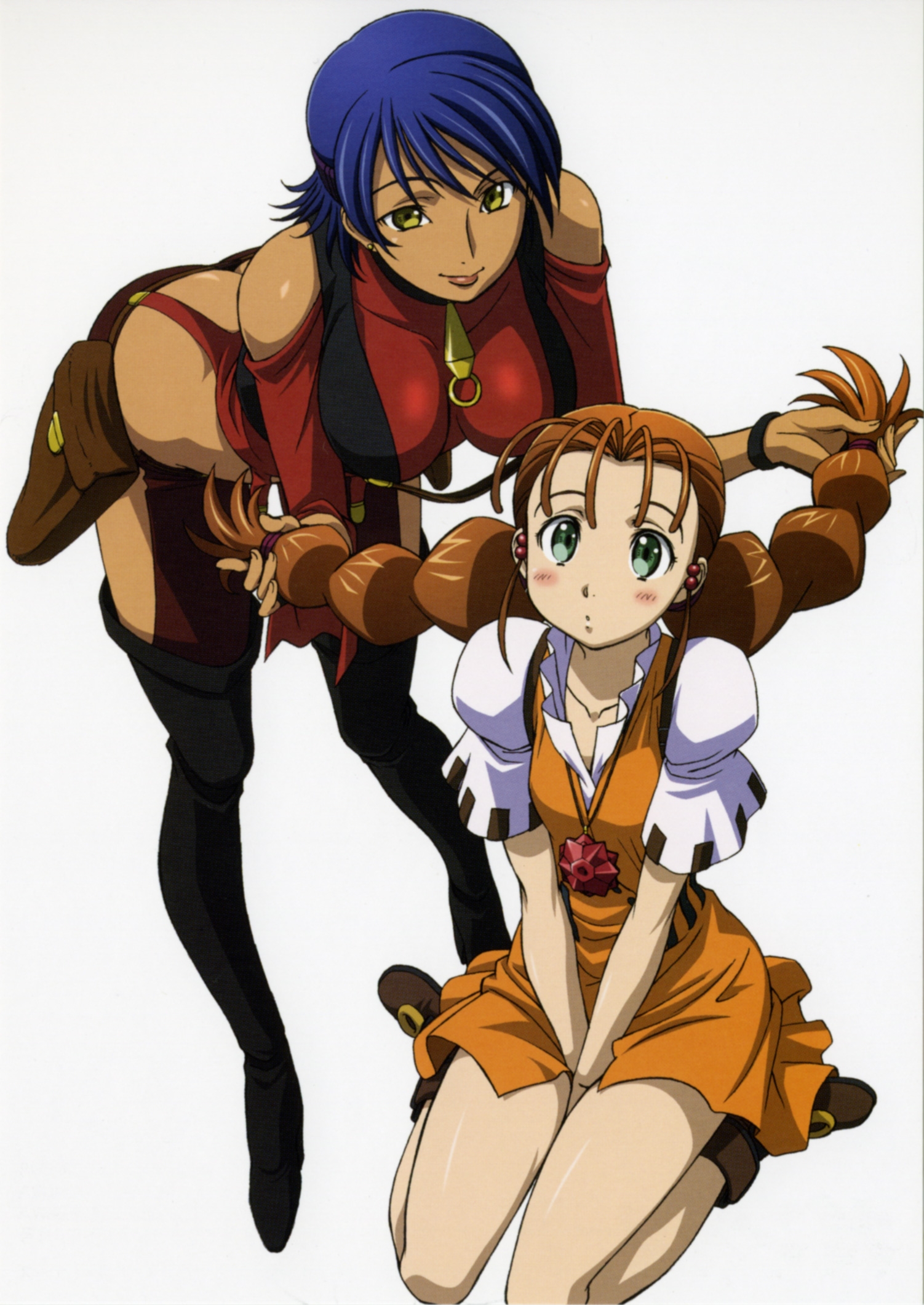 kimura takahiro, carmen99, kameo (gunxsword), wendy garrett, gunxsword, highres, official art, 2girls, bent over, between thighs, blue hair, blush, boots, braid, breasts, brown hair, butt crack, dark-skinned female, dark skin, dress, earrings, green eyes, jewelry, large breasts, leaning forward, long hair, multiple girls, necklace, playing with another's hair, short hair, sitting, smile, thighhighs, turtle, twin braids, v arms, yellow eyes