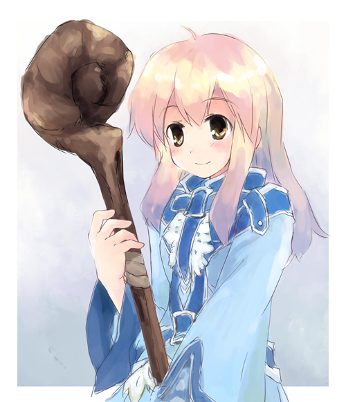 yukitarou (awamori), fantasy earth zero, 1girl, blonde hair, blue dress, blush, brown eyes, dress, female focus, grey background, holding, holding wand, long hair, long sleeves, looking at viewer, magician, rod, sidelocks, simple background, solo, staff, very long hair, wand