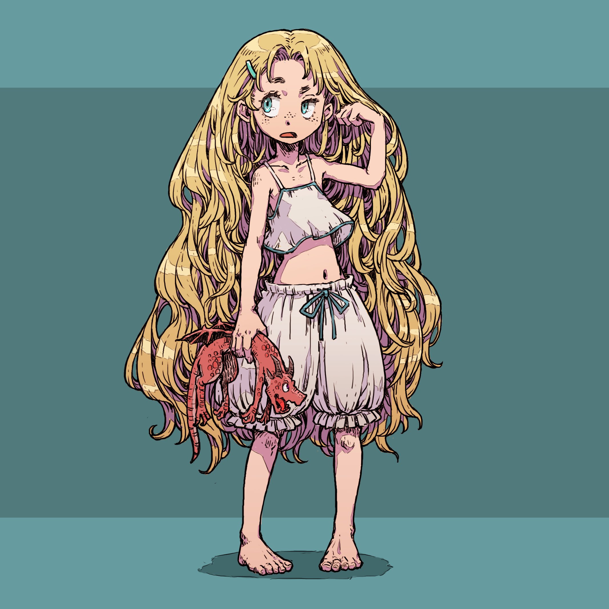momochichi77, original, highres, 1girl, aqua eyes, bare shoulders, barefoot, blonde hair, bloomers, camisole, collarbone, colored inner hair, dot nose, dragon, freckles, full body, green background, green ribbon, hair ornament, hairclip, long hair, looking to the side, multicolored hair, navel, ribbon, simple background, solo, thick eyebrows, underwear, very long hair, white bloomers, white camisole