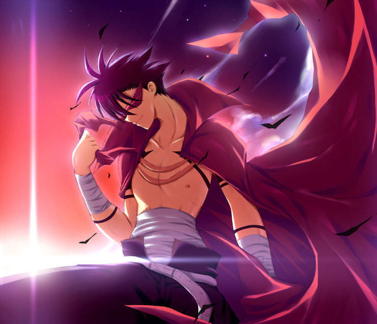 takeponi, kamina (ttgl), tengen toppa gurren lagann, 00s, 1boy, bandages, blue hair, bodypaint, cape, dusk, glasses, kamina shades, male focus, manly, red theme, sarashi, smile, solo, sun, sunglasses, tattoo, topless male, triangular eyewear, wind