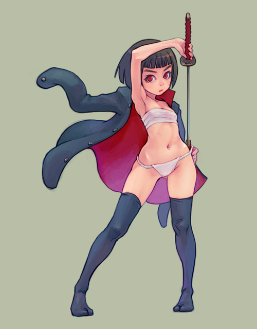 weno, 1girl, armpits, brown hair, cape, female focus, fundoshi, jacket, jacket on shoulders, japanese clothes, katana, midriff, navel, red eyes, sarashi, short hair, simple background, solo, standing, sword, thighhighs, weapon