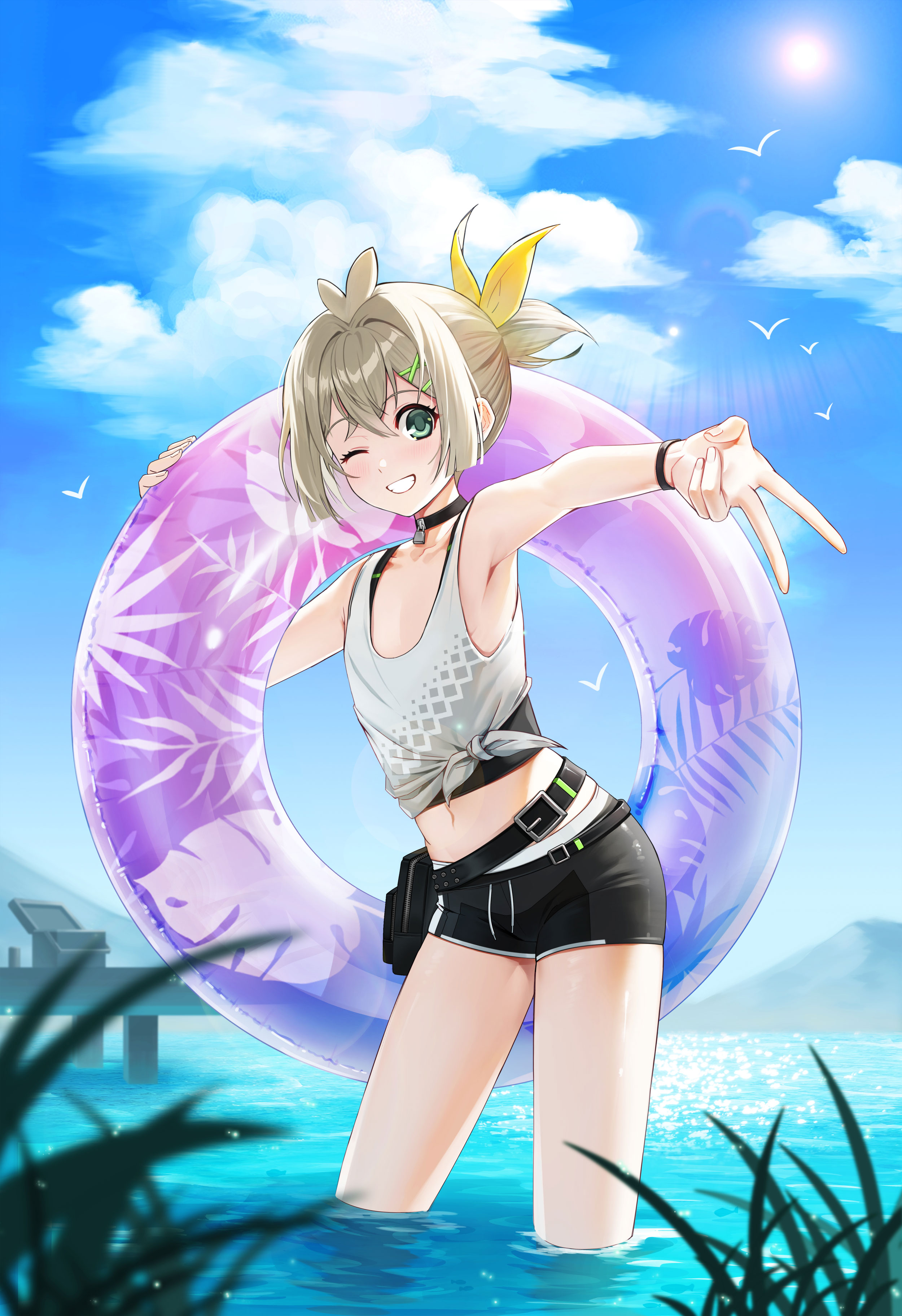 mistilteinn (closers), closers, absurdres, highres, official art, 1boy, black choker, black shorts, brown hair, choker, day, green eyes, hair ribbon, innertube, looking at viewer, male focus, outdoors, outstretched arm, ribbon, shirt, short hair, shorts, solo, swim ring, trap, v, wading, white shirt