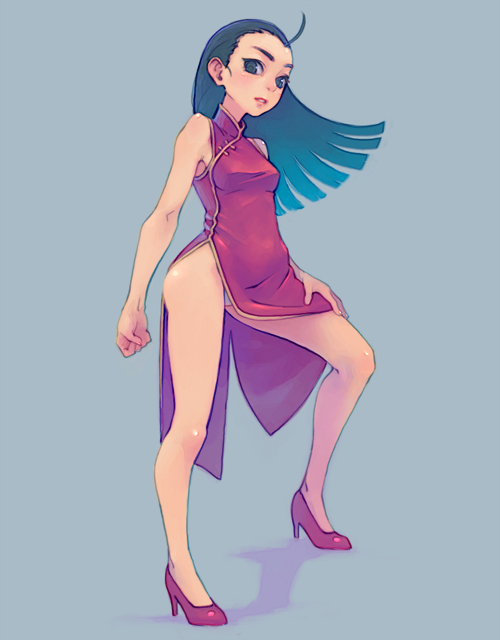 weno, 1girl, ahoge, bare shoulders, china dress, chinese clothes, dress, female focus, full body, high heels, panties, pantyshot, shoes, side slit, simple background, solo, standing, underwear