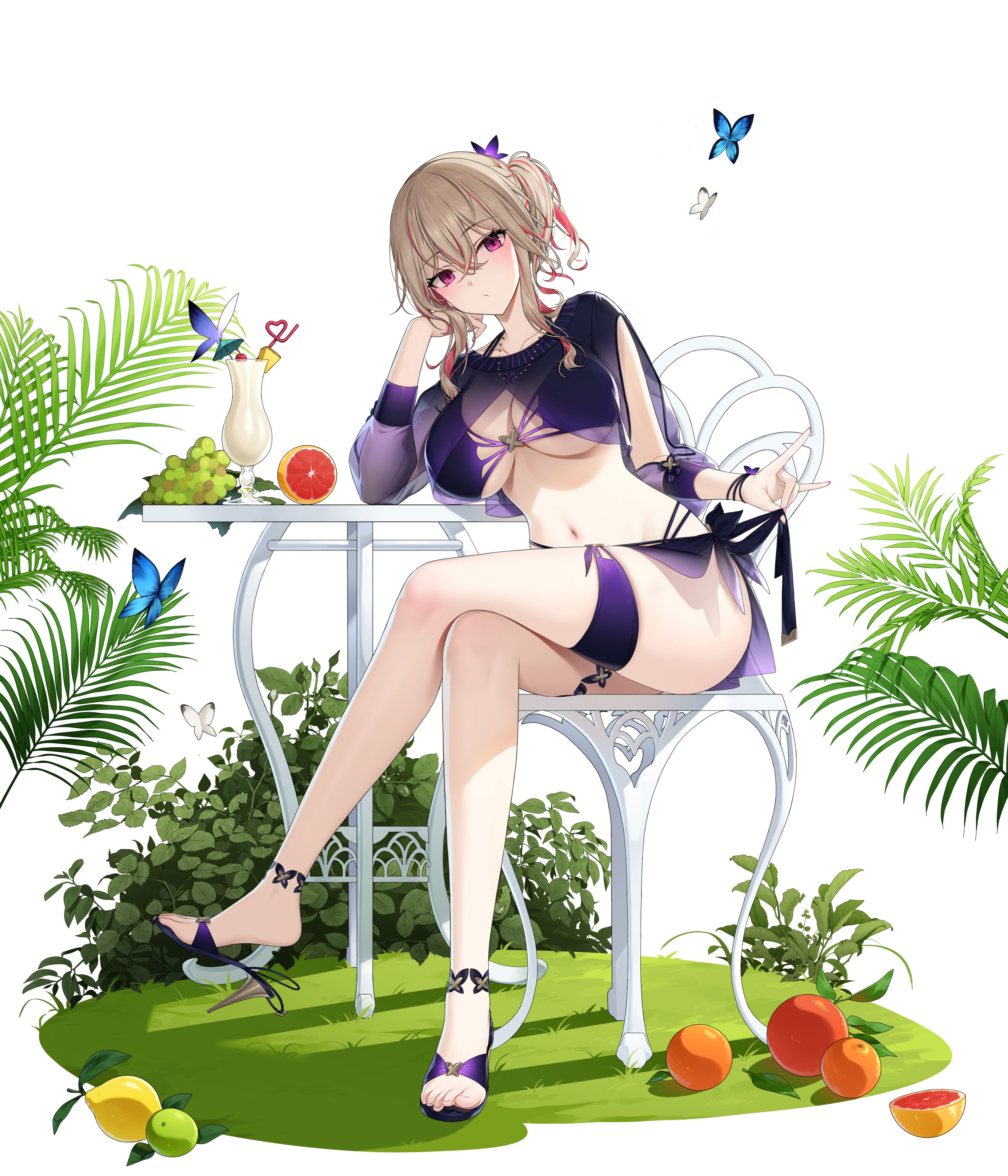 yoon ria (closers), closers, absurdres, highres, official art, 1girl, bare legs, bikini, breasts, brown hair, chair, cleavage, closed mouth, crop top, crossed legs, cup, drinking glass, expressionless, head rest, high heels, hurricane glass, large breasts, long hair, looking at viewer, multi-strapped bikini bottom, multi-strapped bikini top, multicolored hair, navel, pink eyes, ponytail, pulling own clothes, purple bikini, purple sandals, purple sarong, sandals, sarong, see-through clothes, see-through shirt, shirt, short ponytail, sitting, solo, stomach, strap pull, streaked hair, string bikini, swimsuit, table, thighs
