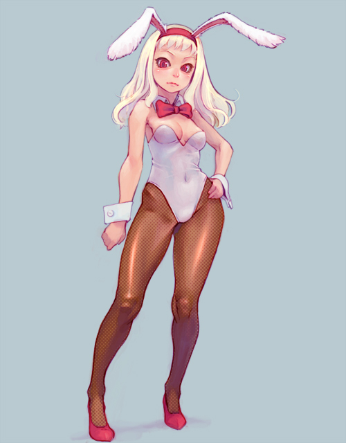 weno, 1girl, animal ears, blonde hair, detached collar, fake animal ears, female focus, fishnets, full body, grey background, leotard, pantyhose, playboy bunny, rabbit ears, red eyes, simple background, solo, standing