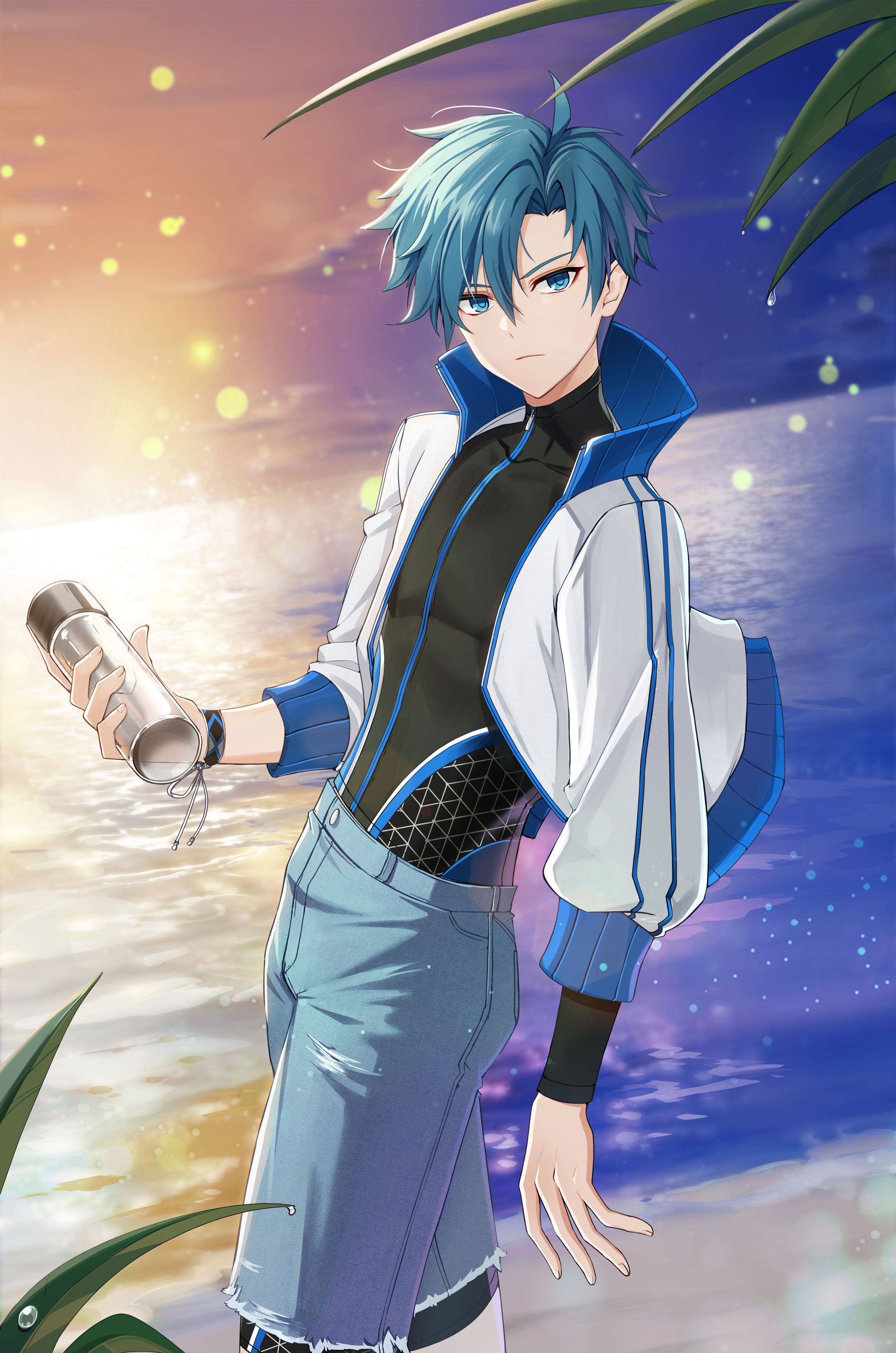 nata (closers), closers, absurdres, highres, official art, 1boy, blue eyes, blue hair, blue shorts, blurry, bokeh, bottle, denim, denim shorts, depth of field, holding, holding bottle, jacket, looking at viewer, male focus, open clothes, open jacket, rash guard, short hair, shorts, solo, white jacket