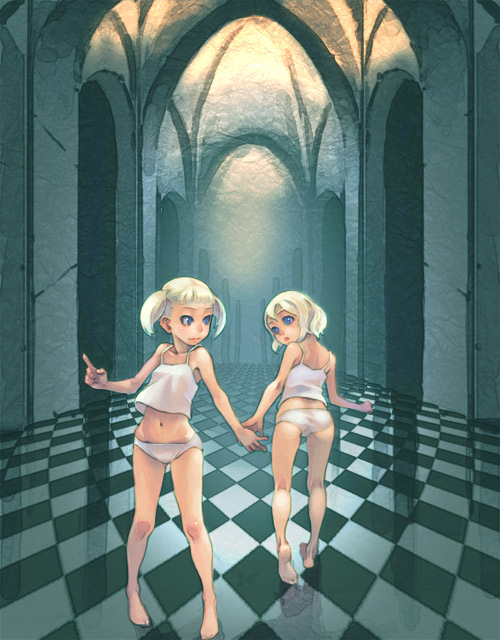 weno, blonde hair, blue eyes, camisole, hallway, panties, siblings, twins, twintails, underwear