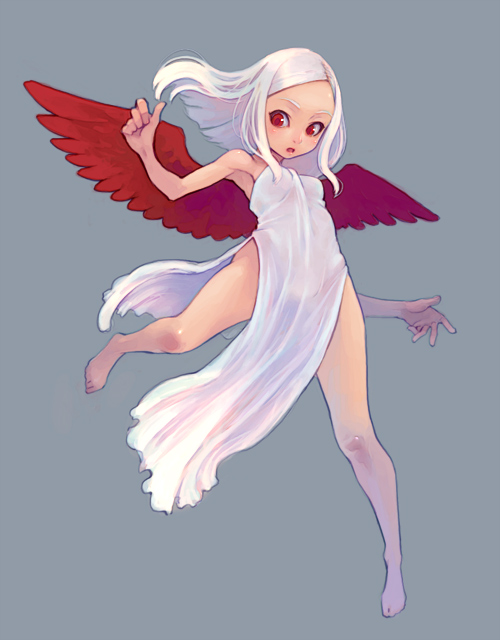 weno, original, 1girl, albino, armpits, bare shoulders, barefoot, breasts, female focus, forehead, long hair, red eyes, simple background, small breasts, solo, white hair, wings