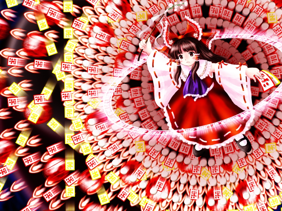 asayuba, hakurei reimu, phantasmagoria of flower view, touhou, 1girl, attack, black hair, bow, danmaku, detached sleeves, dress, female focus, flower, gohei, hair bow, hair tubes, long hair, mary janes, ofuda, oonusa, red theme, shoes, solo, spell card