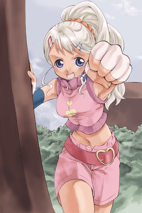 takano natsuki, julie heyward, bakugan, bakugan battle brawlers, 00s, 1girl, armpits, belt, blue eyes, breasts, cloud, dark-skinned female, dark skin, day, female focus, fingerless gloves, gloves, hair ornament, hairclip, heart, long hair, midriff, navel, open mouth, outdoors, shorts, sky, sleeveless, solo, standing, tree