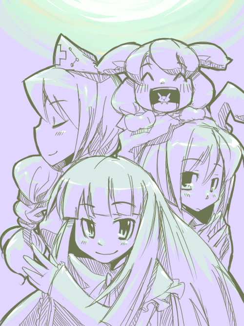 ura doramachikku, dora, houraisan kaguya, inaba tewi, reisen udongein inaba, yagokoro eirin, touhou, 4girls, ^ ^, animal ears, closed eyes, female focus, monochrome, multiple girls, purple theme, rabbit ears