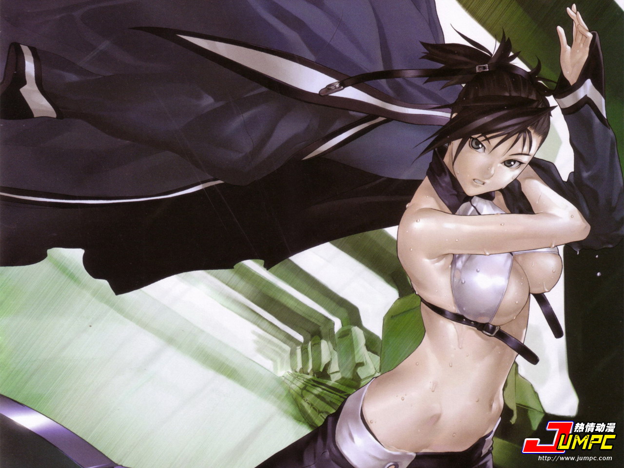 hakua ugetsu, sei (bakuretsu tenshi), bakuretsu tenshi, 00s, 1girl, black hair, breasts, female focus, ponytail, solo, sweat, underboob, wet