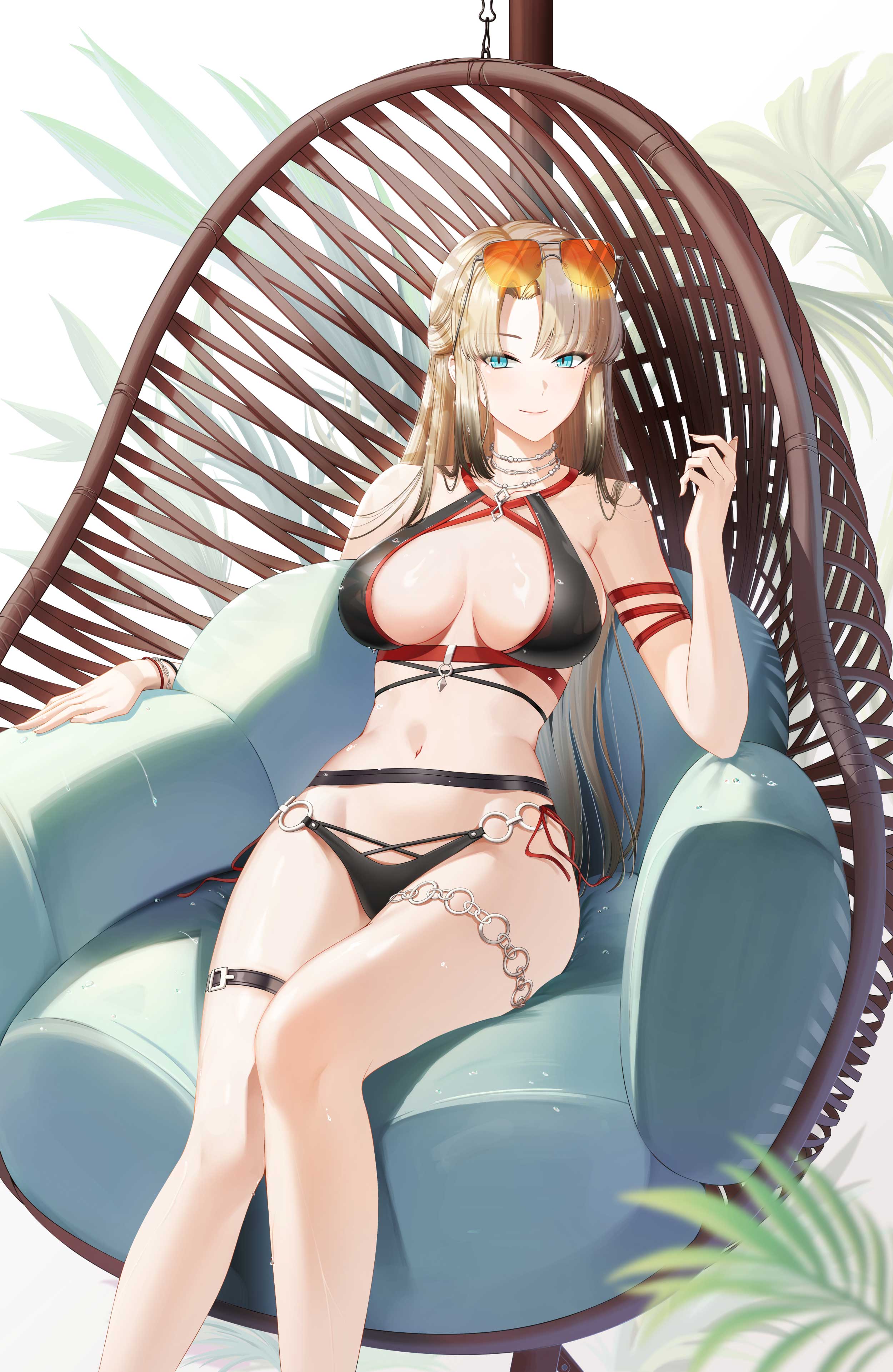 harpy (closers), closers, absurdres, highres, official art, 1girl, arm strap, bare legs, bare shoulders, belt, bikini, black bikini, black hair, blonde hair, breasts, breasts apart, chair, closed mouth, eyewear on head, feet out of frame, gradient hair, hand up, jewelry, large breasts, long hair, looking at viewer, mole, mole under eye, multicolored hair, navel, necklace, o-ring, o-ring bikini, parted bangs, sitting, smile, solo, stomach, sunglasses, swimsuit, thigh strap, thighlet, thighs, very long hair