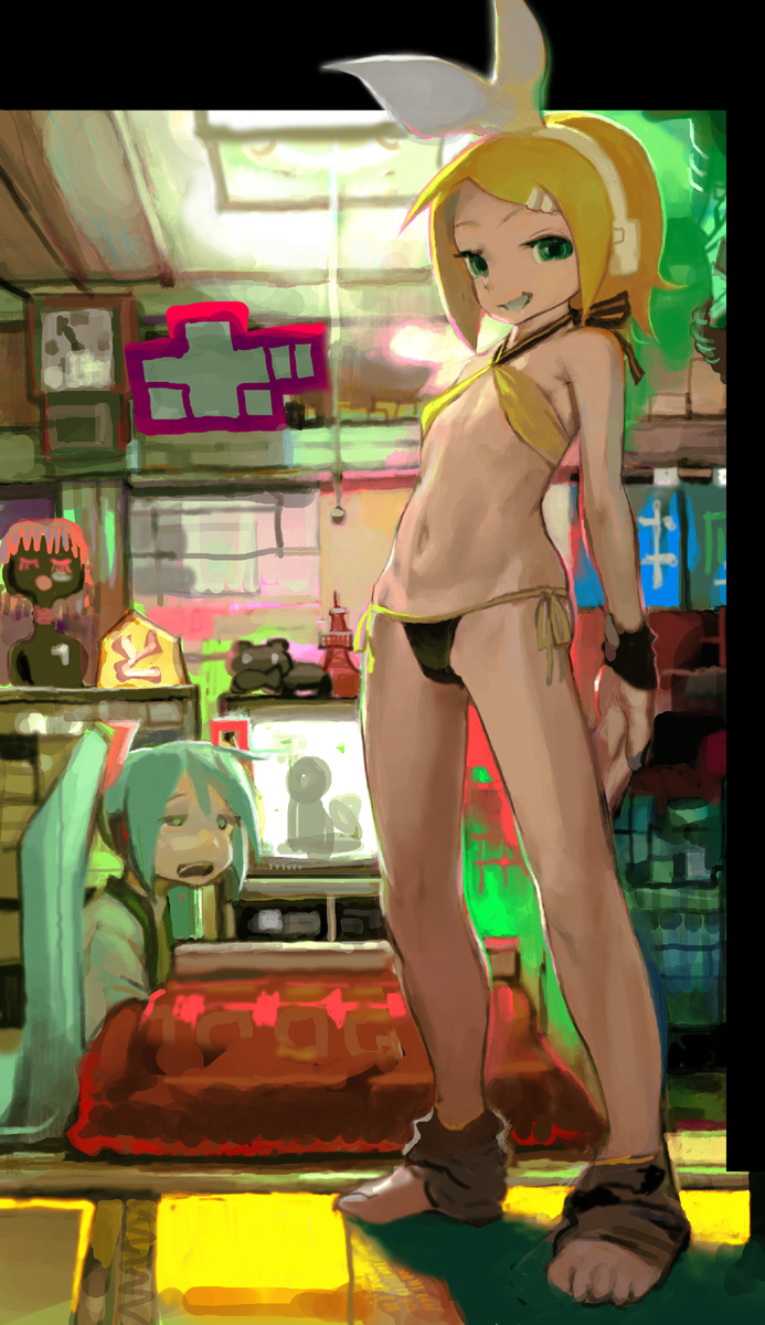 kawaguchi youhei, hatsune miku, kagamine rin, vocaloid, highres, 2girls, bandeau bikini, bikini, blonde hair, blue hair, flat chest, full body, indoors, kotatsu, loli, long hair, long legs, looking at another, looking at viewer, medium hair, multiple girls, navel, room, roomscape, side-tie bikini bottom, swimsuit, table, very long hair
