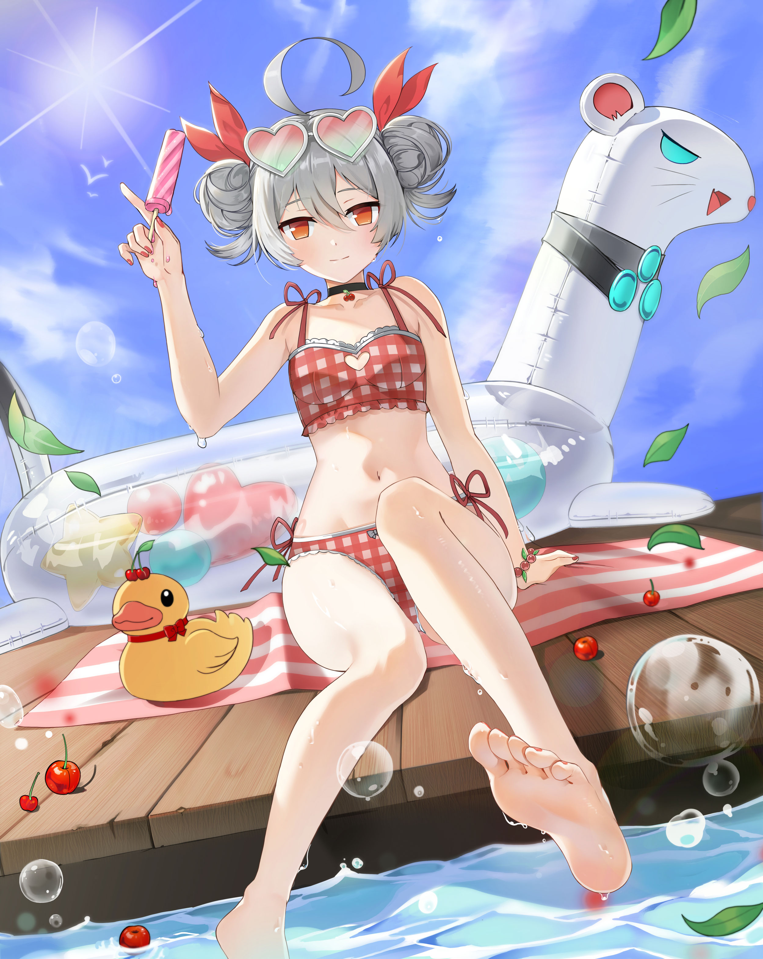 tina (closers), closers, absurdres, highres, official art, 1girl, ahoge, bare arms, bare legs, bare shoulders, barefoot, bikini, black choker, breasts, choker, closed mouth, clothing cutout, day, double bun, eyewear on head, feet, food, grey hair, hair bun, hair ribbon, hand up, heart, heart-shaped eyewear, heart cutout, holding, holding food, holding popsicle, innertube, leg up, looking at viewer, medium hair, navel, orange eyes, outdoors, plaid bikini, plaid clothes, popsicle, red bikini, ribbon, rubber duck, side-tie bikini bottom, sitting, small breasts, smile, soles, solo, stomach, sunglasses, sunlight, swim ring, swimsuit, thighs, toes, wet