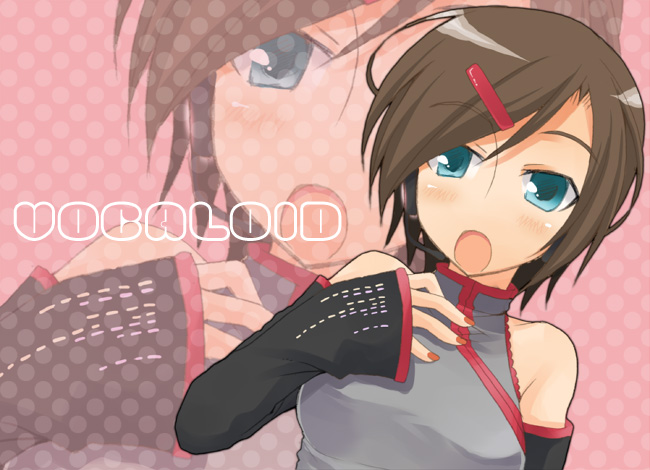 tamura hiro, meiko (vocaloid), vocaloid, 1girl, alternate costume, arm warmers, blue eyes, copyright name, female focus, hair ornament, hairclip, music, nail polish, open mouth, parted bangs, pink background, polka dot, polka dot background, red nails, singing, sleeveless, solo, upper body, zoom layer