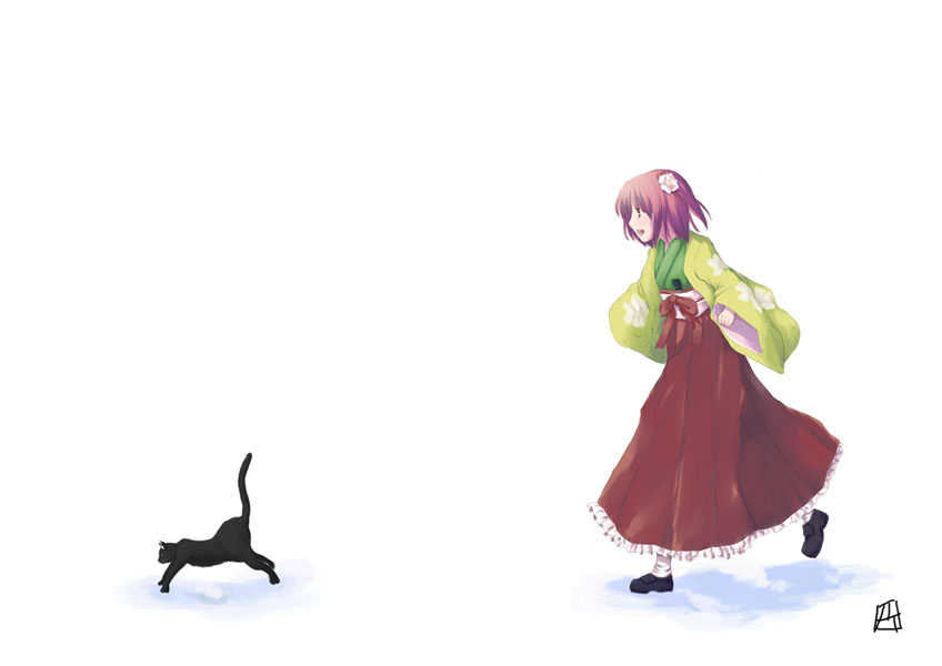 hieda no akyuu, perfect memento in strict sense, touhou, 1girl, black cat, black shoes, cat, female focus, floral print, flower, from side, full body, hair flower, hair ornament, heida no akyuu, japanese clothes, kimono, long sleeves, obi, purple hair, sash, shoes, short hair, simple background, socks, solo, white background, white socks, wide sleeves