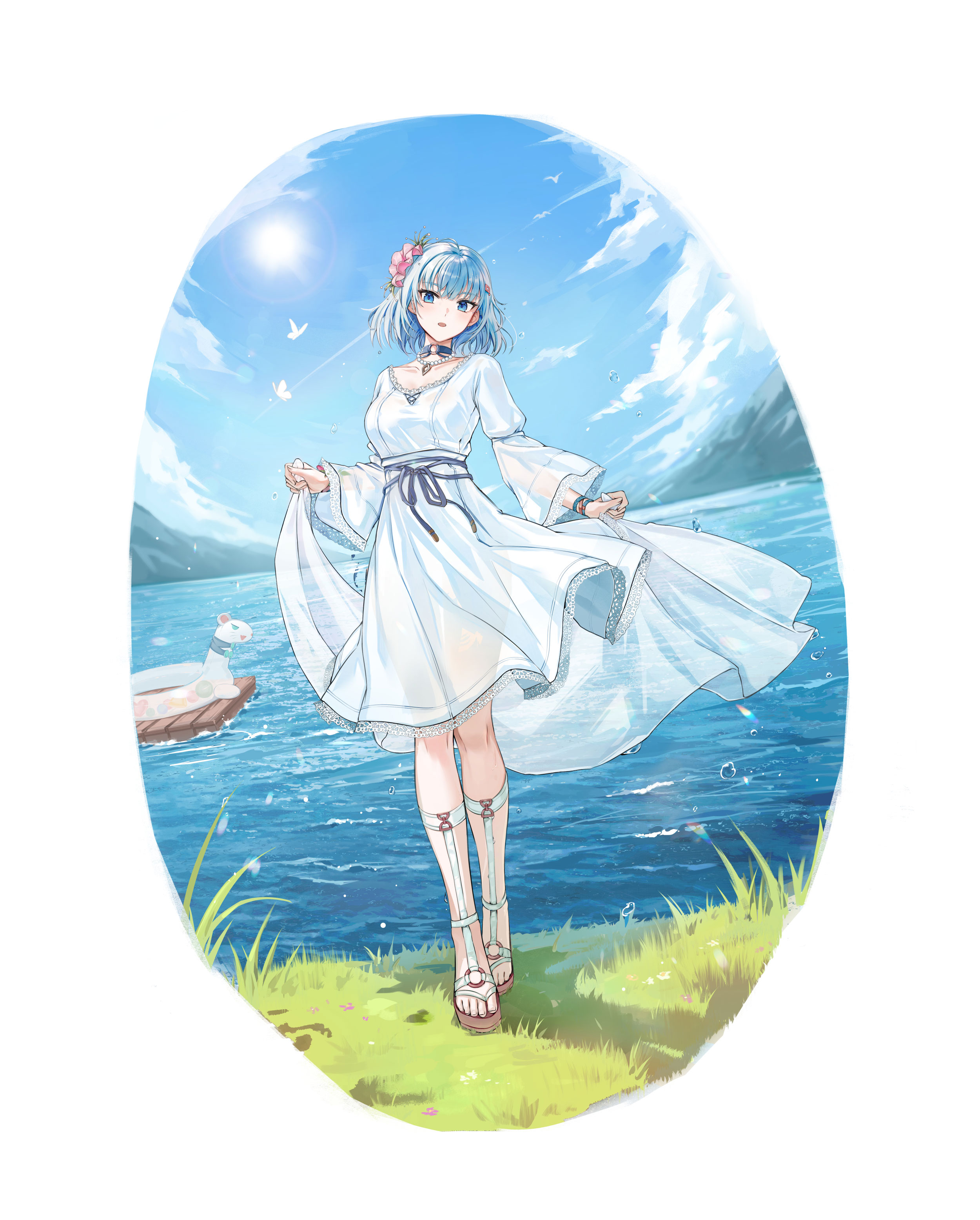violet (closers), closers, absurdres, highres, official art, 1girl, bead necklace, beads, blue choker, blue eyes, blue hair, breasts, choker, day, dress, flower, full body, hair flower, hair ornament, jewelry, large breasts, long legs, long sleeves, looking at viewer, necklace, ocean, open mouth, outdoors, sandals, short hair, solo, standing, sundress, white dress