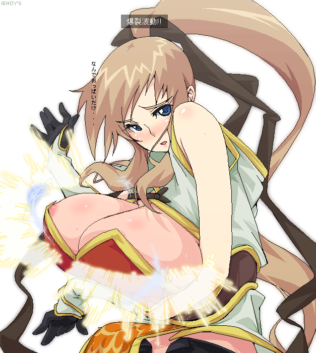 amami amayu, champion (ragnarok online), ragnarok online, breast hold, translated, 1girl, artistic error, blue eyes, blush, breasts, brown hair, elbow gloves, female focus, gloves, hair ribbon, high ponytail, huge breasts, large breasts, long hair, looking at viewer, nipple slip, nipples, ponytail, ribbon, sidelocks, simple background, sleeveless, solo, white background