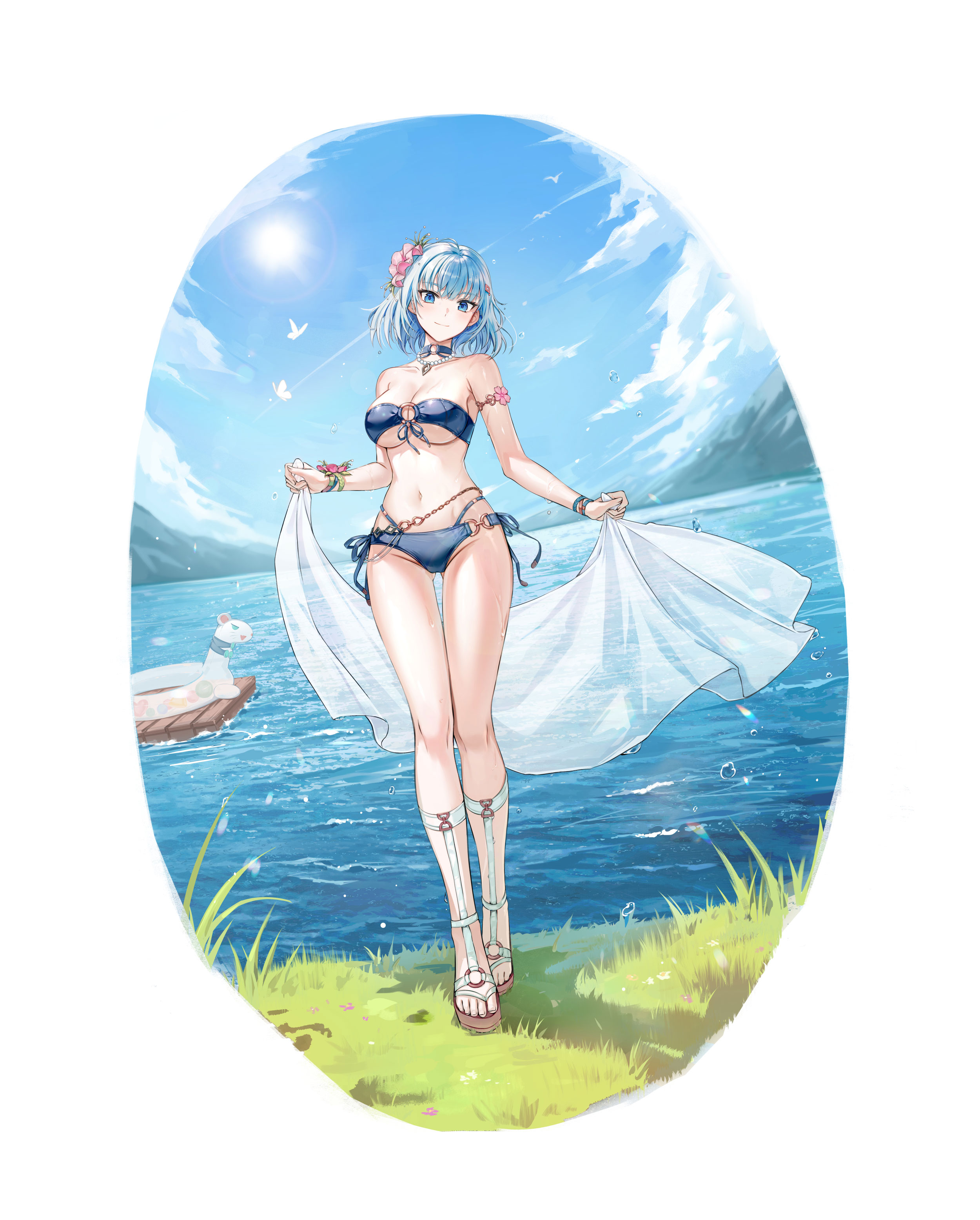 violet (closers), closers, absurdres, highres, official art, 1girl, bare shoulders, bead necklace, beads, bikini, blue bikini, blue choker, blue eyes, blue hair, breasts, choker, closed mouth, day, flower, full body, hair flower, hair ornament, holding, jewelry, large breasts, long legs, looking at viewer, navel, necklace, o-ring, o-ring bikini, ocean, outdoors, sandals, sarong, short hair, side-tie bikini bottom, smile, solo, standing, stomach, strapless, strapless bikini, swimsuit, thighs, underboob