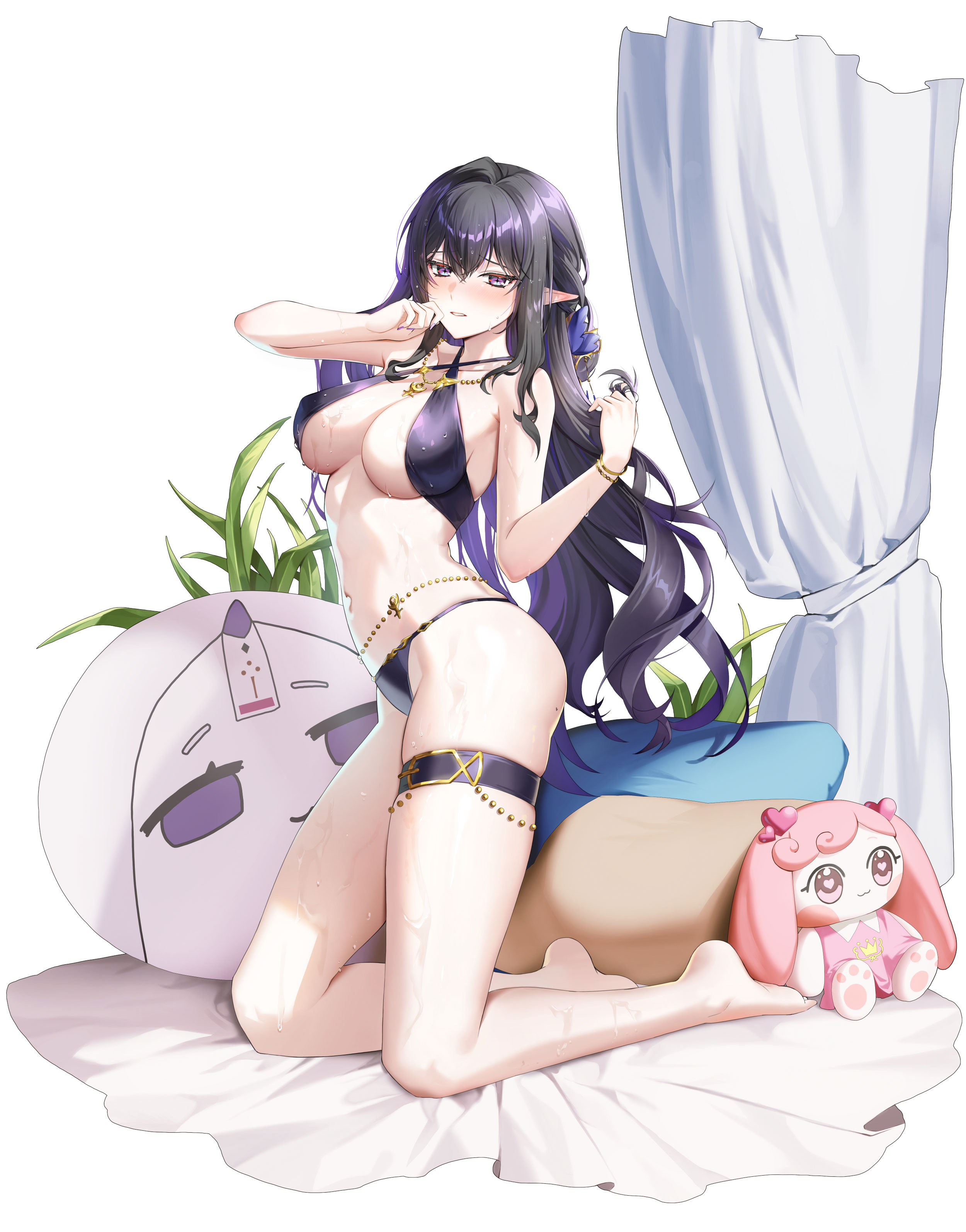 closers, absurdres, highres, official art, 1girl, arm up, bare arms, bare legs, bare shoulders, barefoot, bikini, black bikini, black hair, blush, breasts, character doll, cleavage, cross-shaped pupils, doll, full body, gradient hair, kneeling, large breasts, long hair, looking at viewer, mole, mole on thigh, multicolored hair, navel, parted lips, pointy ears, purple eyes, purple hair, skindentation, sling bikini top, solo, stomach, string bikini, swimsuit, symbol-shaped pupils, thigh strap, thighs, triss (closers), twirling hair, very long hair, wet